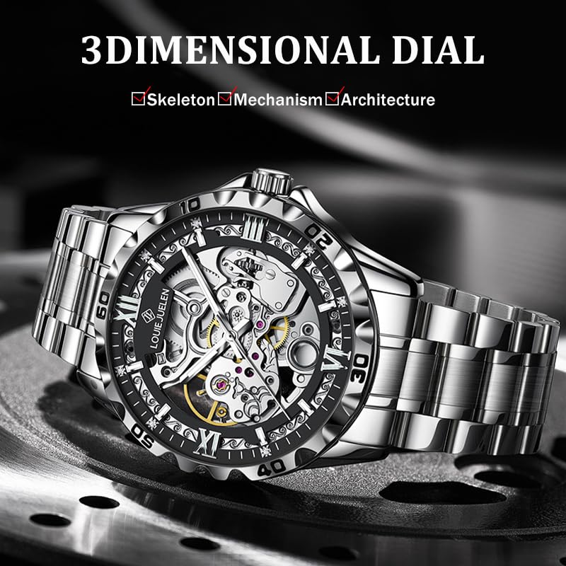 Image of Skeleton Automatic Mechanical Watch Mens Business Luxury Gift Steel Band | Stainless Steel Waterproof Male Golden Wristwatch Luminous Markers & Hands Hardlex Mirror Butterfly Double Button