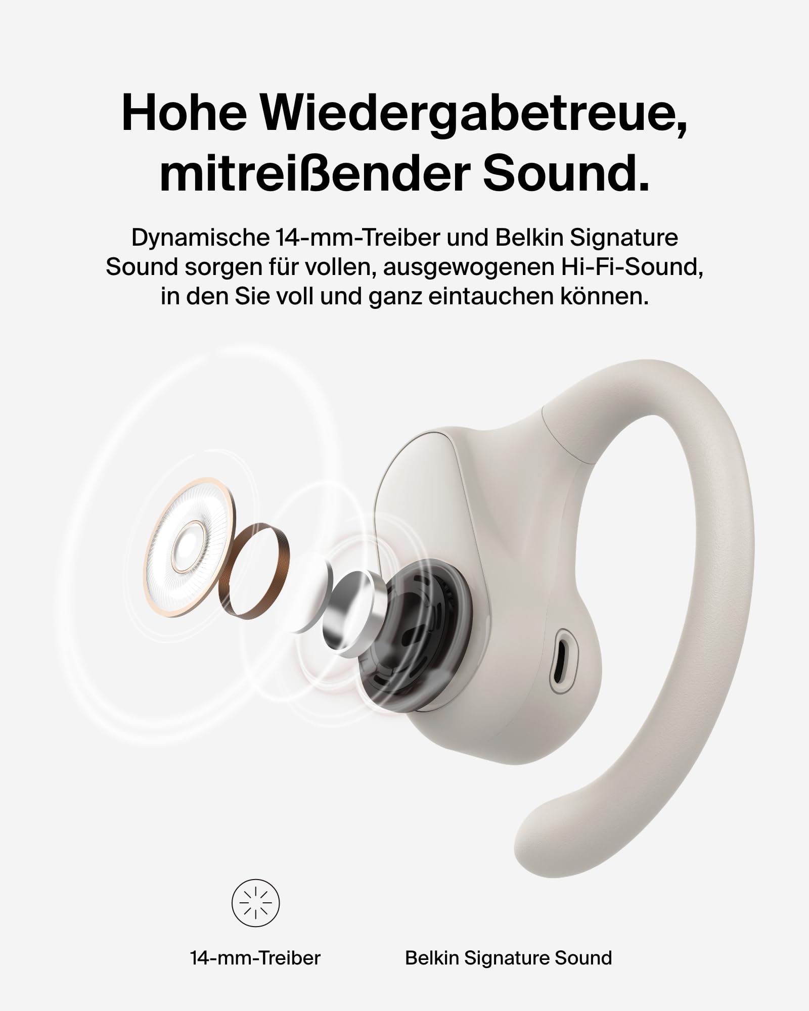 Belkin SoundForm ClearFit kabelloser Open-Ear Kopfhörer, leichter, bequemer Sportkopfhörer, Kopfhörer kabellos Bluetooth und wasserfest nach Schutzart IPX5, zum Wandern, Radfahren, Joggen – Sandfarben