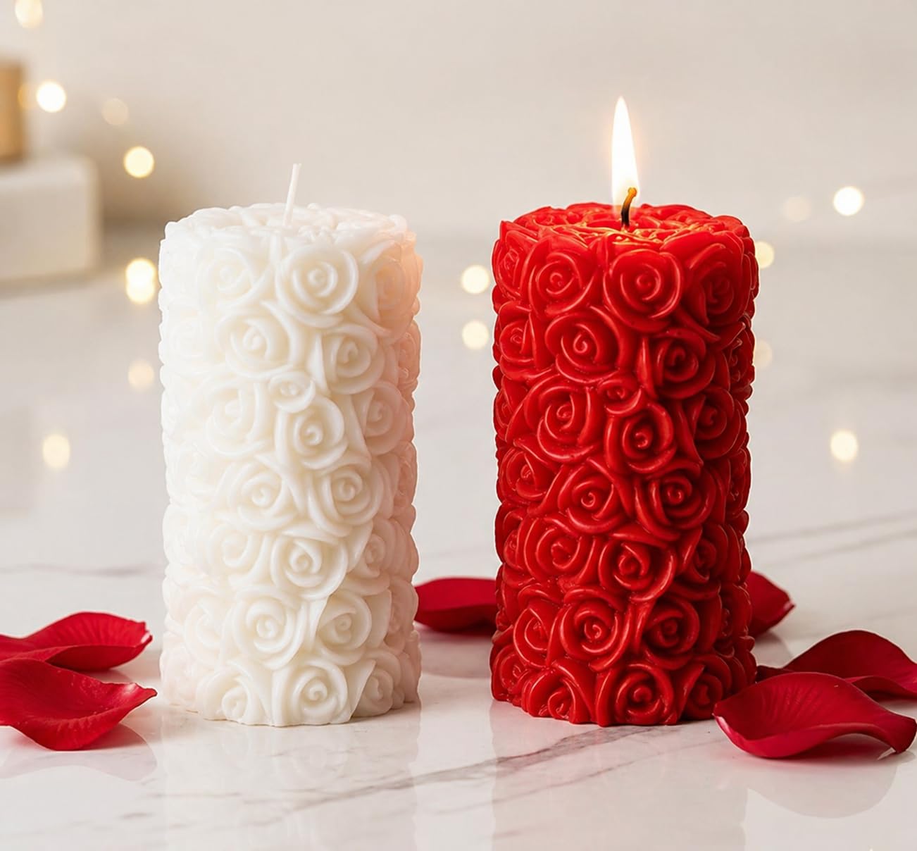 Candles for Home Decor, Rose Fragrance, Pillar Shape, Red & White Colores, Set of 2, 6.5 X 11.5 Cm - Wax-image-36