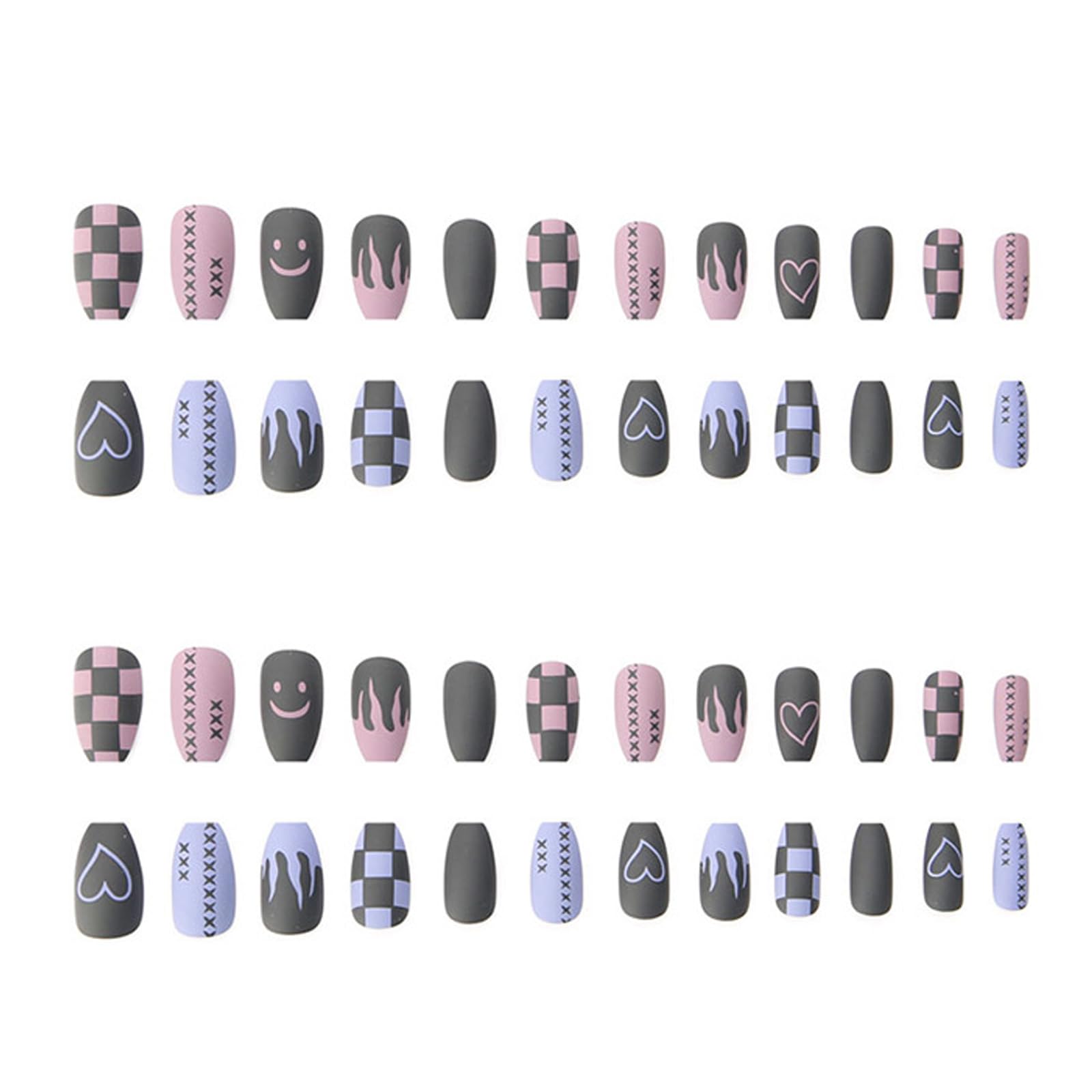 RTRTGS 48 piezas de uñas postizas adhesivas cortas, patrón de llama de dos tonos, uñas postizas esmeriladas, uñas acrílicas con kit de pegamento para mujeres y niñas