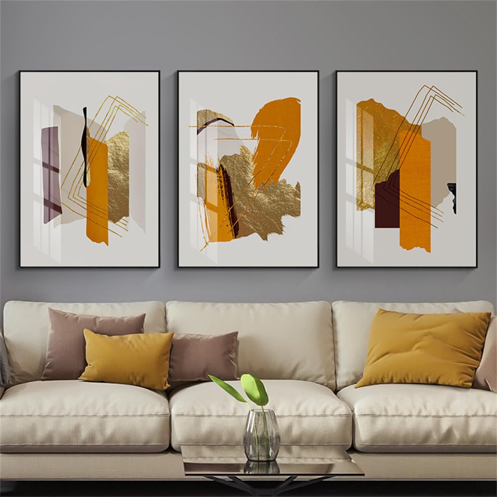 Juego de 3 - Póster de Pared de Arte Abstracto en Color Naranja Dorado Línea de Lámina Dorada Arte Simple Pintura de Lienzo Nórdico Sala de Estar Hogar Habitación Pasillo Decoración 40x50Cm Sin Marco