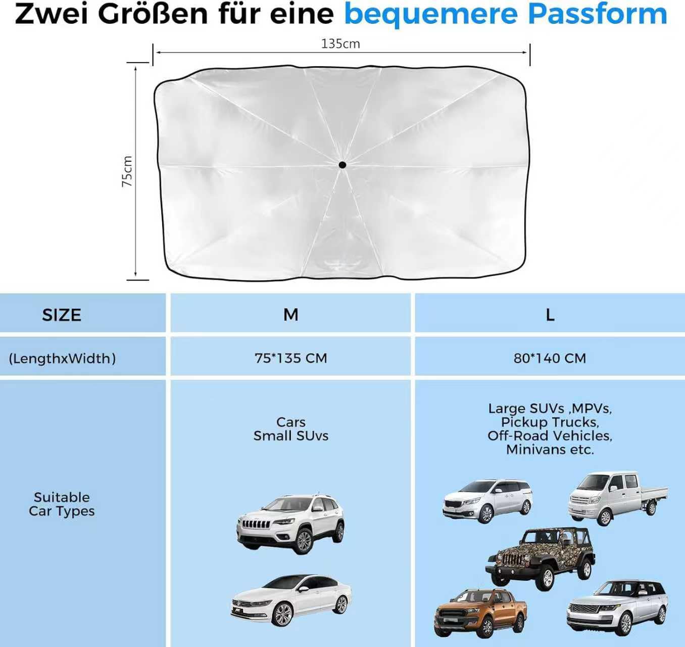 Parasol Coche Delantero, Paraguas Parasol Coche, Parasol Paraguas Coche para La Mayoría De Los Modelos（75cm*135cm）