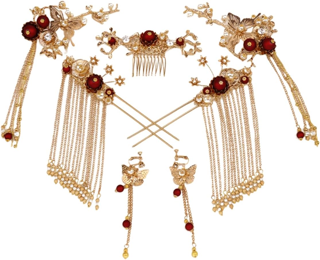 BININBOX Chinese Hair Accessories for Wedding Red Gold Hanfu Pins Pearl Flower Long Tassel Hair Pins Vintage Classical Hair Chopsticks Jewelry for Bridal