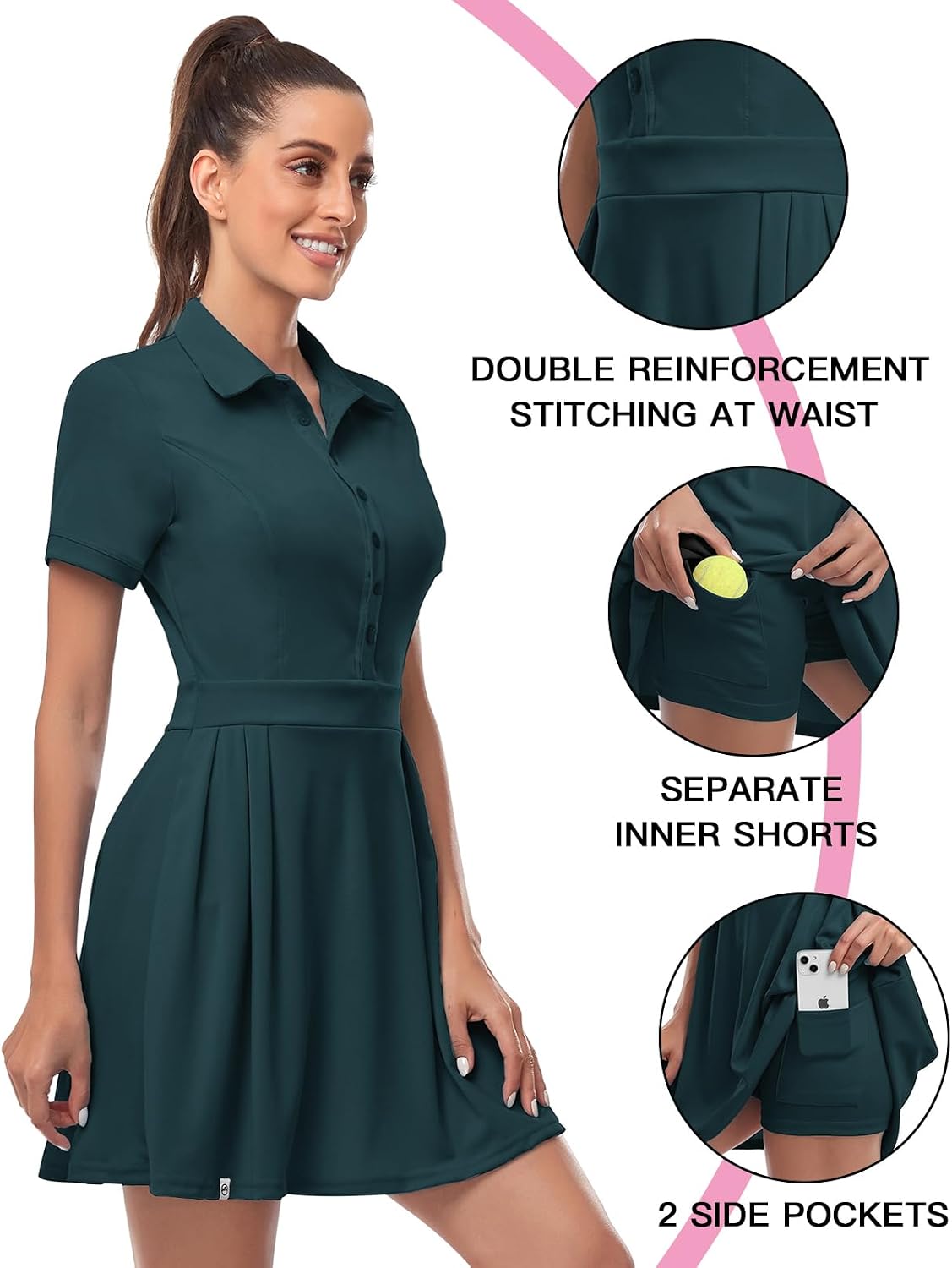 Soneven Women Polo Golf Tennis Dress Built in Shorts Short Sleeve Workout Athletic Pleated Dresses with Pockets