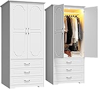 FJTJBSI 72" White Wooden Armoire Wardrobe with 3 Drawers, Motion LED Lights, Removable Rod & Retro Ceramic Handles
