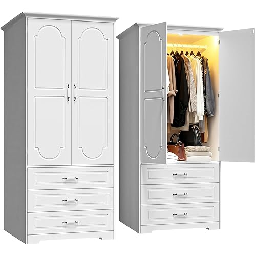 Armoire Wardrobe Closet with 3 Drawers and LED Light 72" Wooden Bedroom Armoire with 2 Doors and Retro Ceramic Door Handles Modern Wardrobe Cabinet with Removable Hanging Rod White