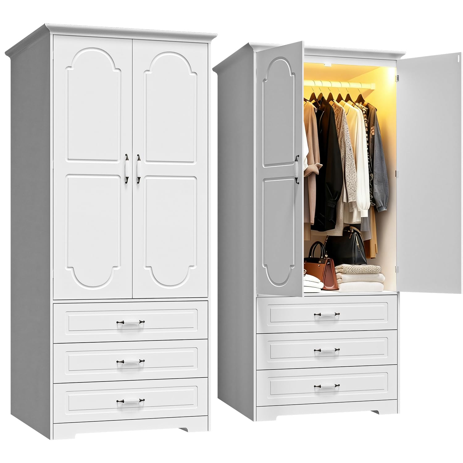 Wooden Bedroom Armoire with LED Lighting - 72 Inch