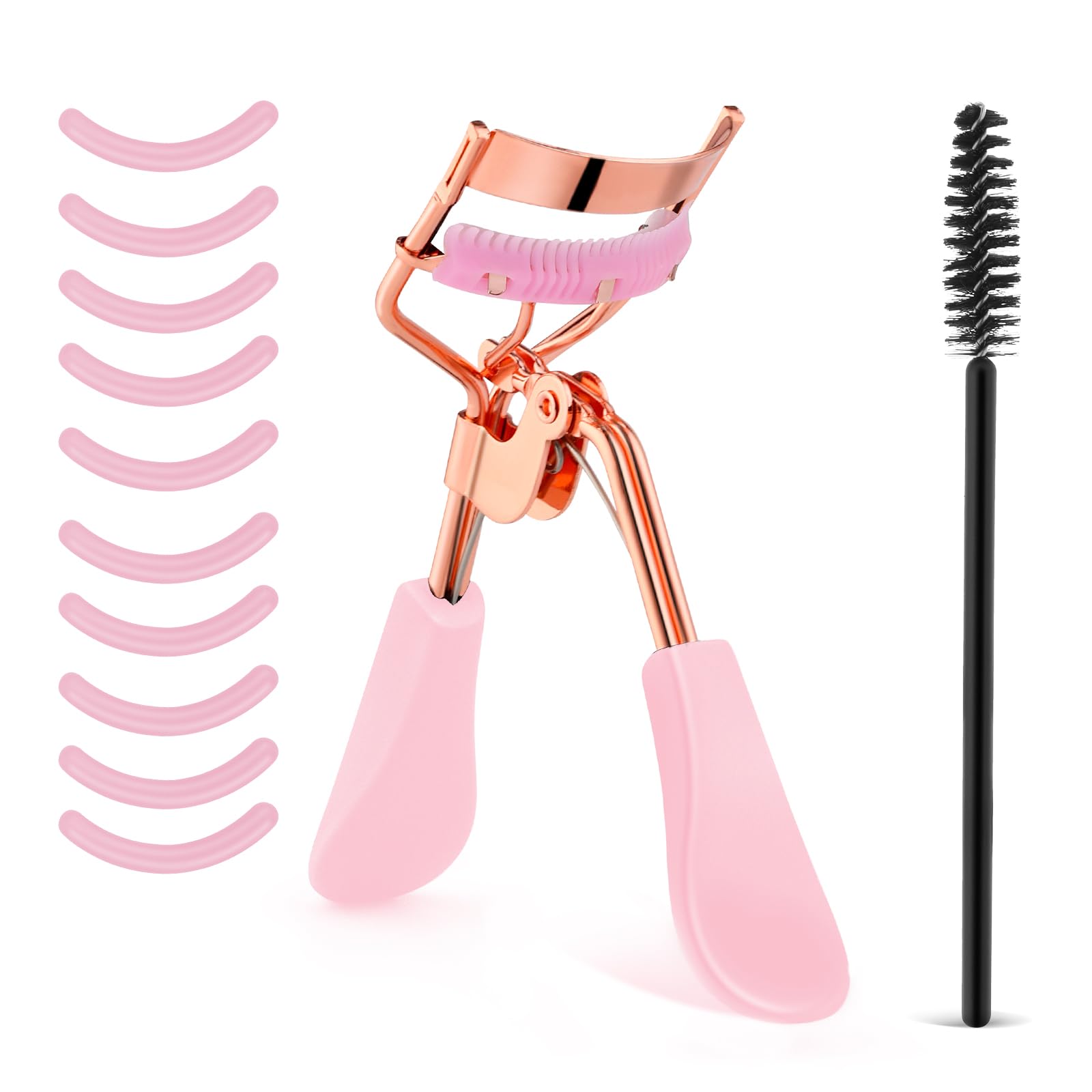 Rizador de pestañas de acero inoxidable con 10 almohadillas de repuesto de silicona, herramienta de maquillaje profesional con peine integrado para mujeres y niñas de todas las formas de ojos
