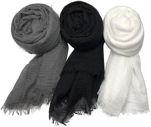 Bufanda suave vintage de mezcla de algodón arrugada con bordes con flecos, 35 x 70 pulgadas, talla única