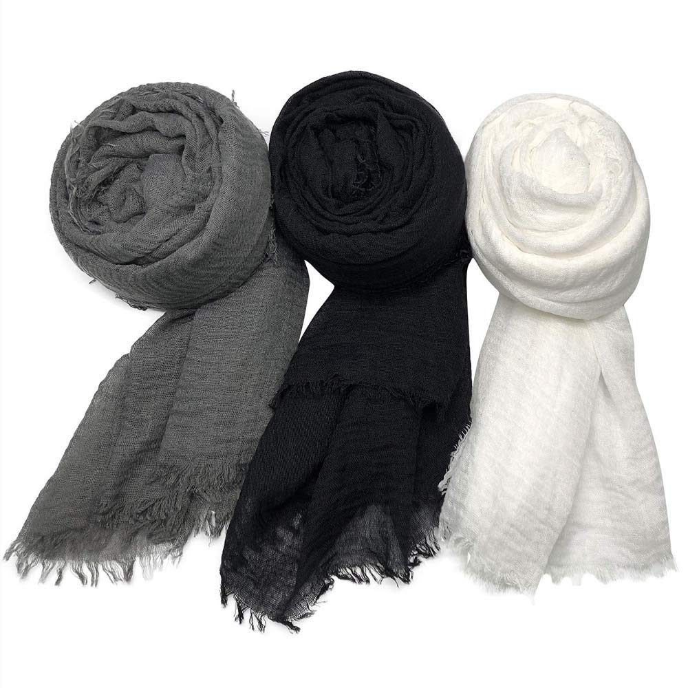 Summer Cotton Blend Crinkle Vintage Soft Scarf with Fringed Edges 35" × 70"