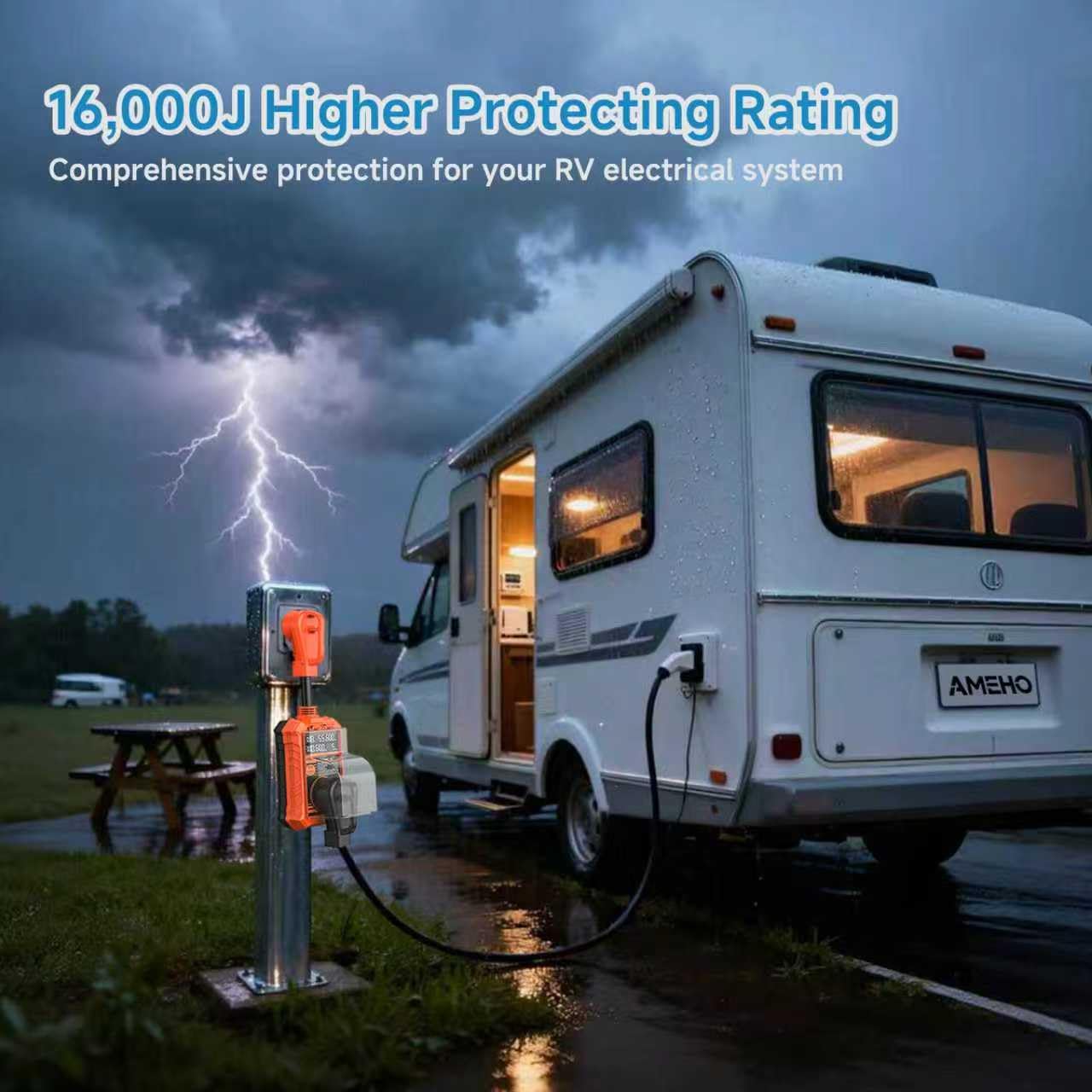 Protector de sobretensiones para caravana de 30 amperios con visualización LED en tiempo real, visualización grande, voltaje de corriente KWH, analizador de circuito de apagado automático