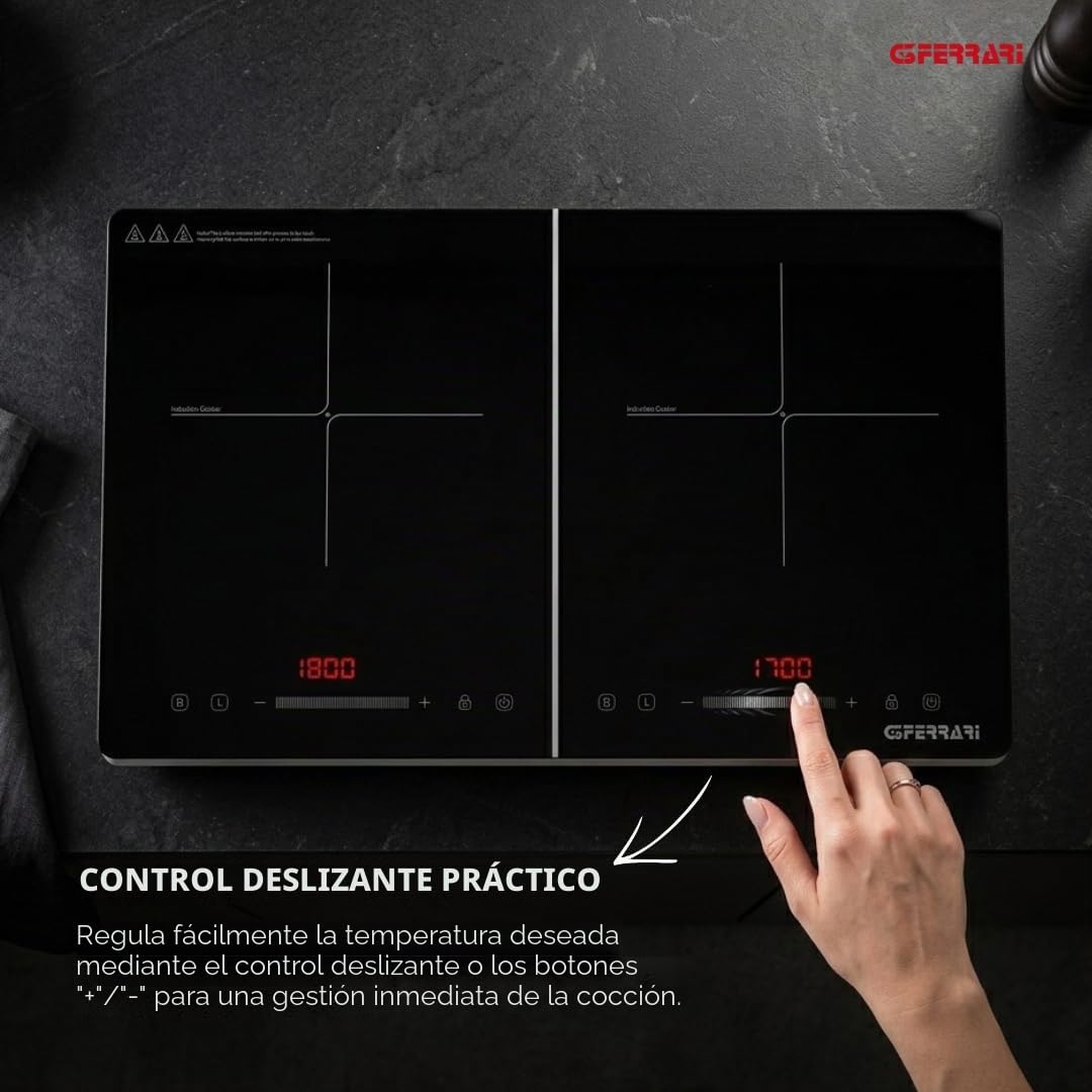 G3 Ferrari G10209 Energiko Duo Hornillo de inducción doble, 1800 W + 1700 W, Temporizador, pantalla digital, Apto para ollas de 12 cm a 26 cm, Fácil de limpiar, Negro