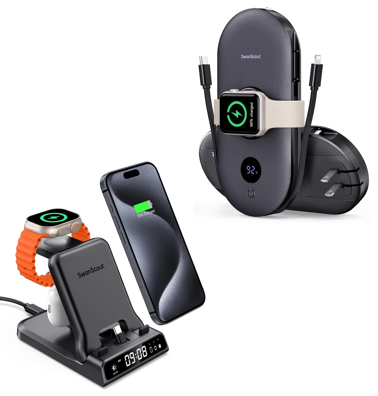 SwanScout Fast Charging Station and 10000mAh Power Bank for iPhone, Apple Watch, for AirPods