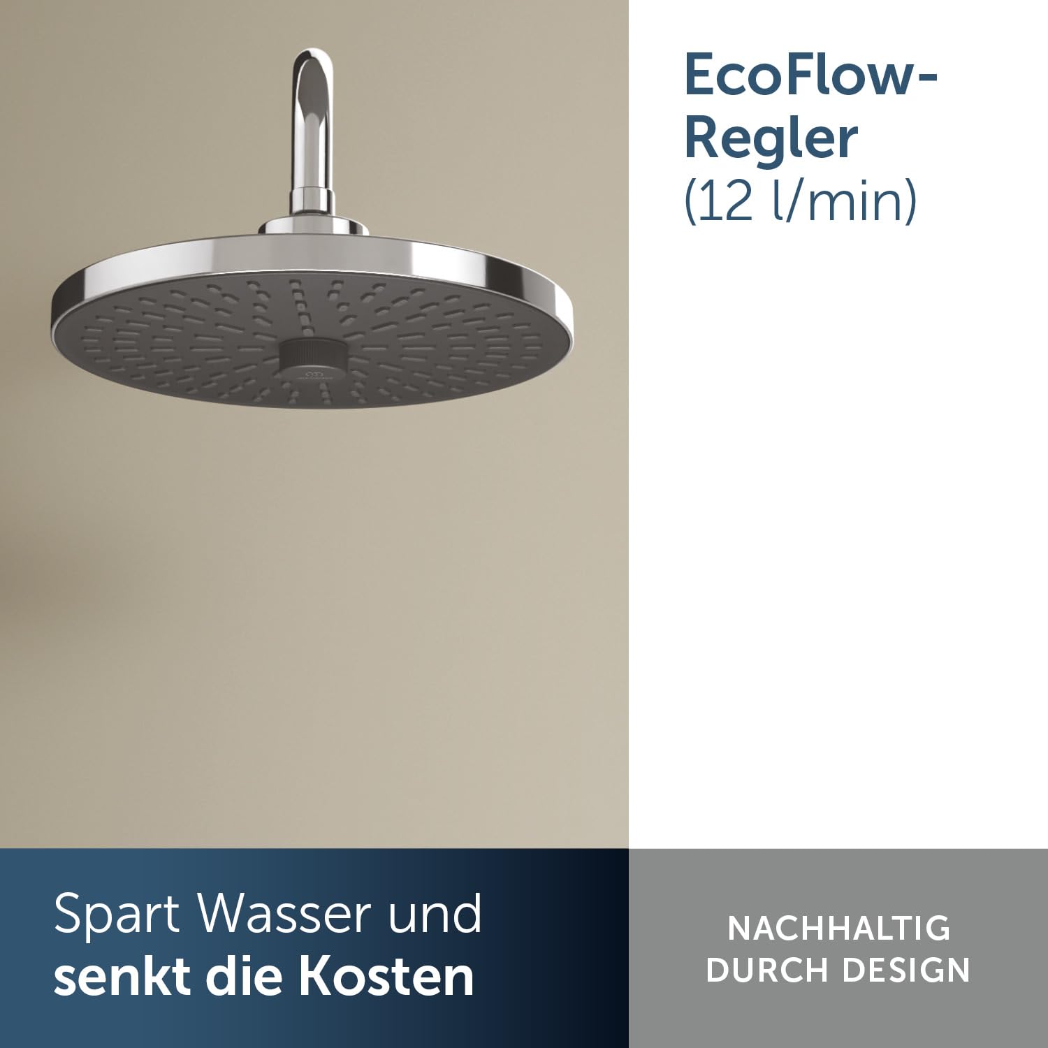 Ideal Standard Idealrain Alu+ 2-Funktionskopfbrause, mit zwei Strahlarten (SilkRain und Rain) per Drehumschaltung, wassersparende Regenbrause mit EasyClean-Düsen – Chrom (260x91x260 mm)