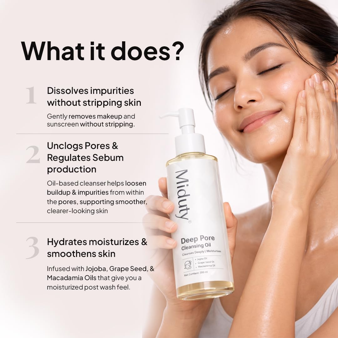 Miduty Deep Pore Cleansing Oil Non Comedogenic | Gentle Cleanser For All Skin Type - Unclogs Pores | Double Cleansing for Waterproof Makeup, Sunscreen & Dirt - 200ml 1