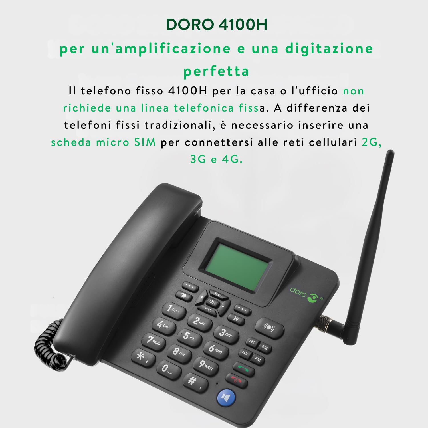 Doro 4100H Cellulare 4G (Simphone LTE+3G+2G) - Mani libere, Tasto di assistenza, 3 memorie dirette, Radio FM, Scheda Micro SIM - Ideale per casa, ufficio, vacanze e roaming