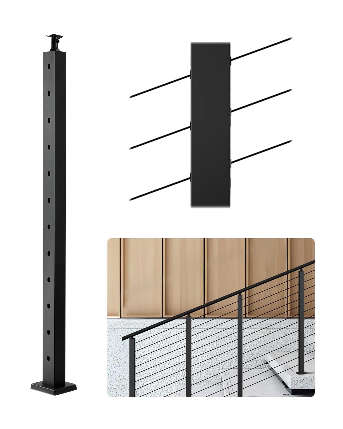 VEVOR Poteau Garde Corps, 1067x25,​4x50,​8 mm, Poteau Rampe d'Escalier à Câble, avec Trous Pré-​percés 30°, Support Horizontal et Incurvé, pour Main Courante, Balustrades, Noir, 1JZLGZXHS106VRA3X001V0
