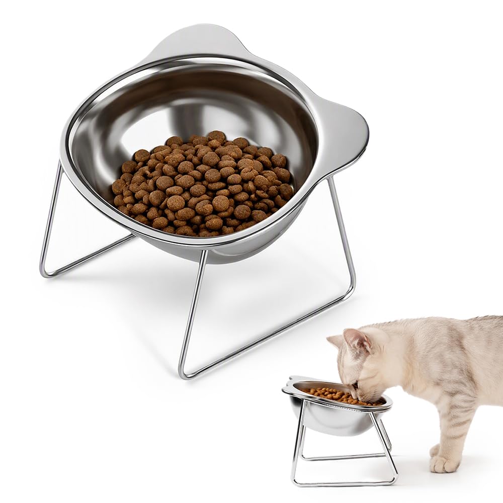 15° Tilted Orthopaedic Feeding Bowl, 2027 Upgraded Elevated Cat Bowl with 304 Stainless Steel Dish, Elevated Tilted Cat Dishes for Cats and Small Dogs