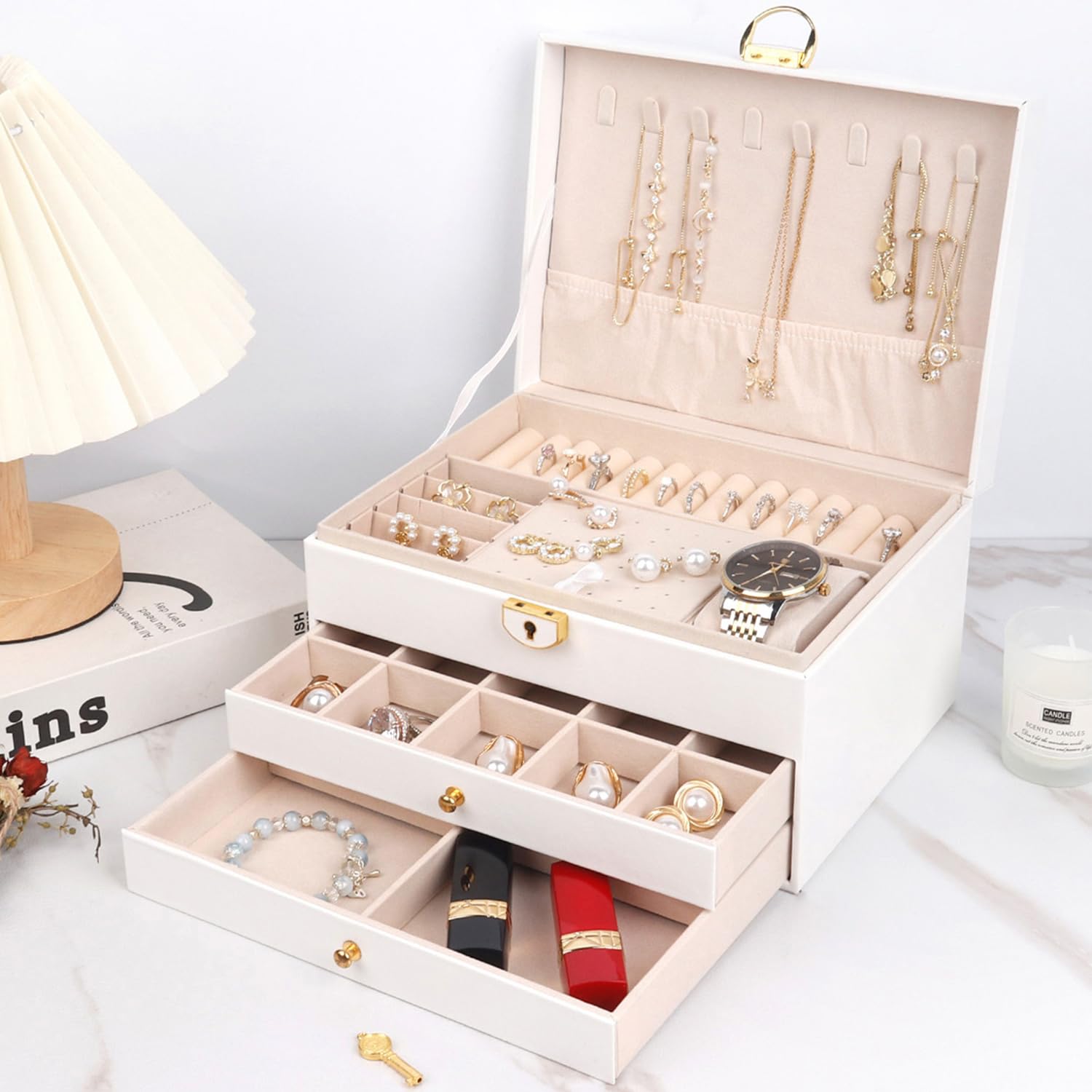 3 Layer Jewelry Box Organizer with Drawers Lockable PU Leather Jewelry Storage Case for valentine gifts Necklace Earring