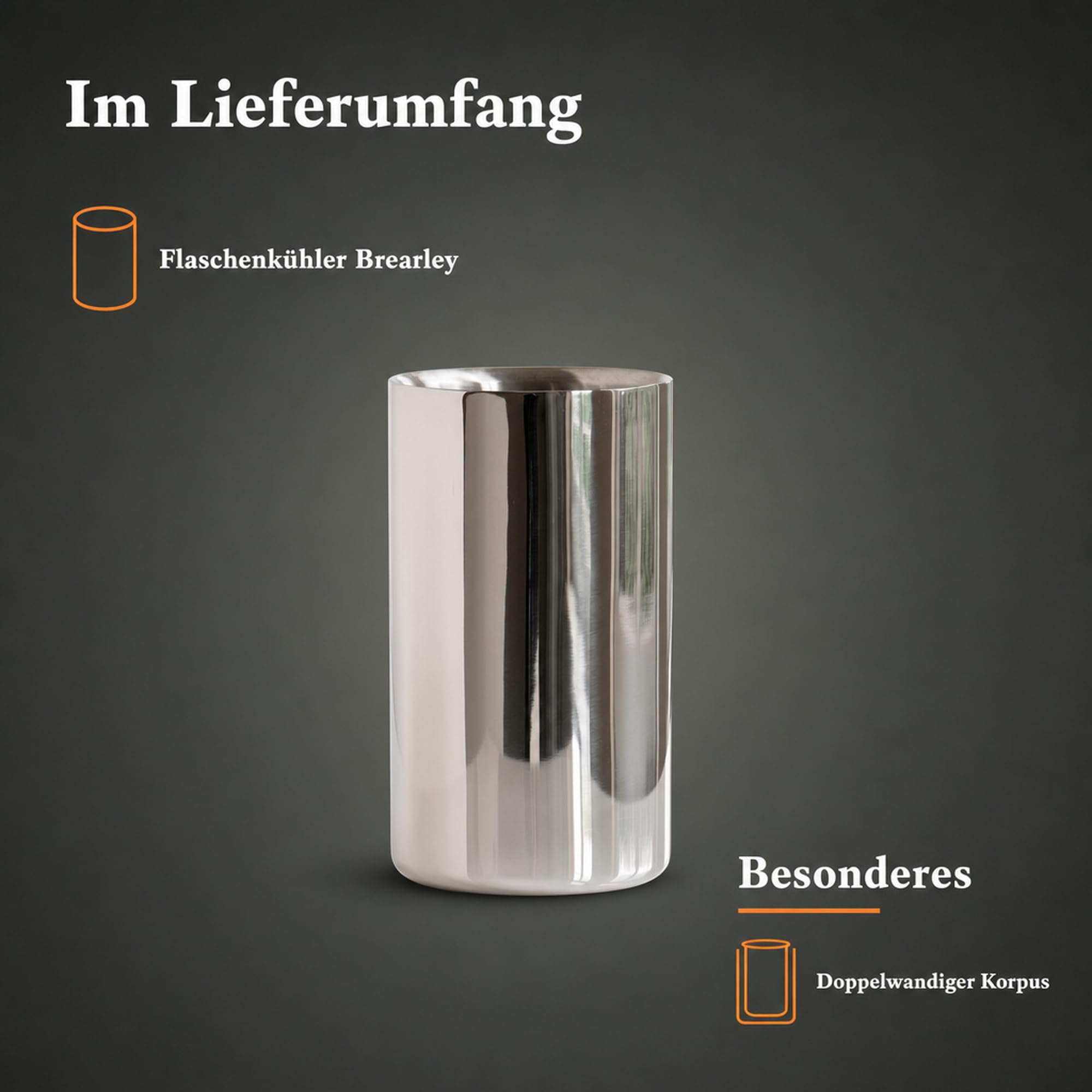 Torquato Flaschenkühler Brearley, doppelwandig, Edelstahl, 20 cm | Weinkühler und Champagnerkühler, hochglanzpoliert außen, gebürstet innen, für Sekt und Champagner