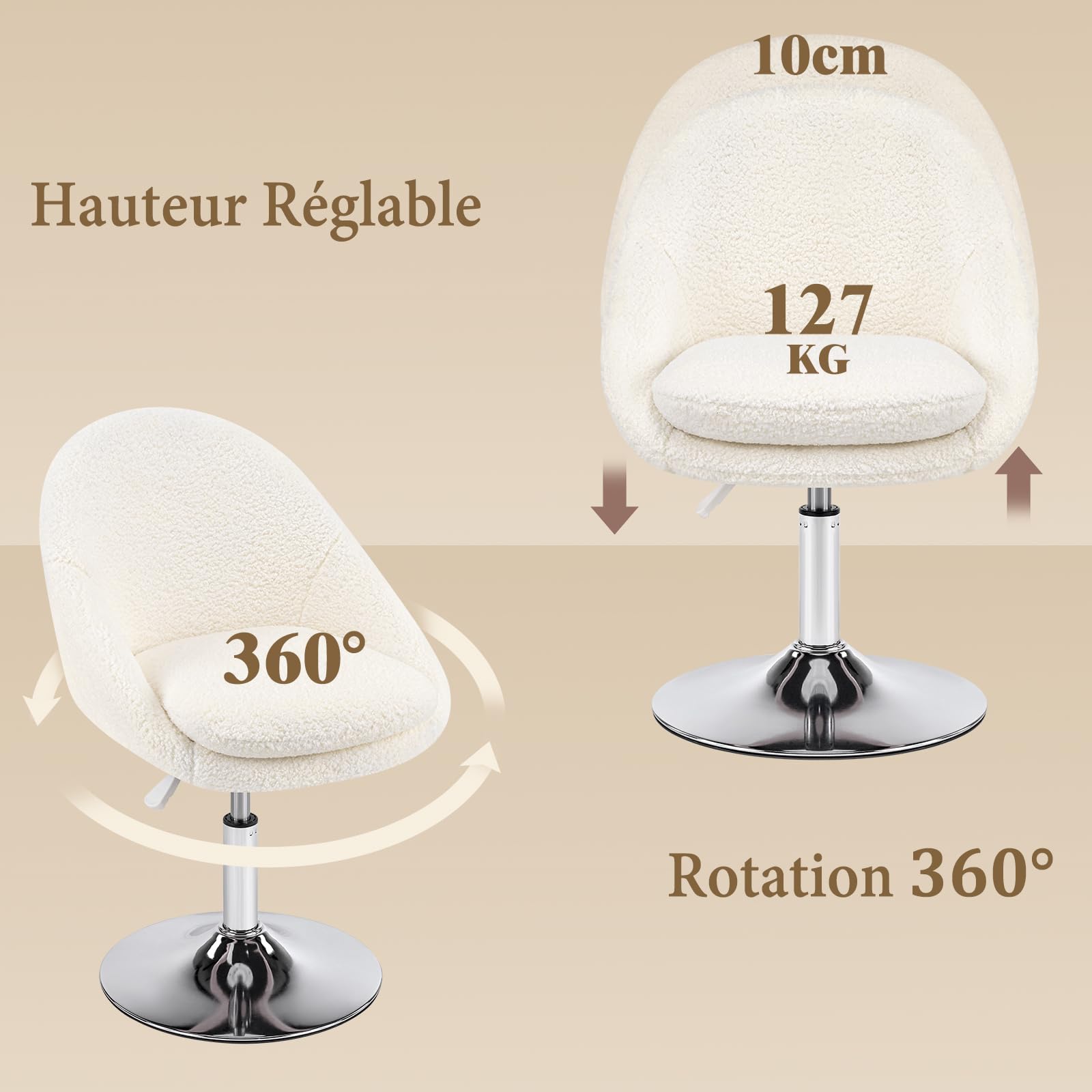 Hellove Chaise Coiffeuse Sherpa Blanc, Tabouret de Coiffeuse 360° Pivotant, Tabouret Siège Vanity Chair Hauteur Réglable avec Rembourrage Épais (10 cm) Double Couche pour Salon Chambre, 127 KG
