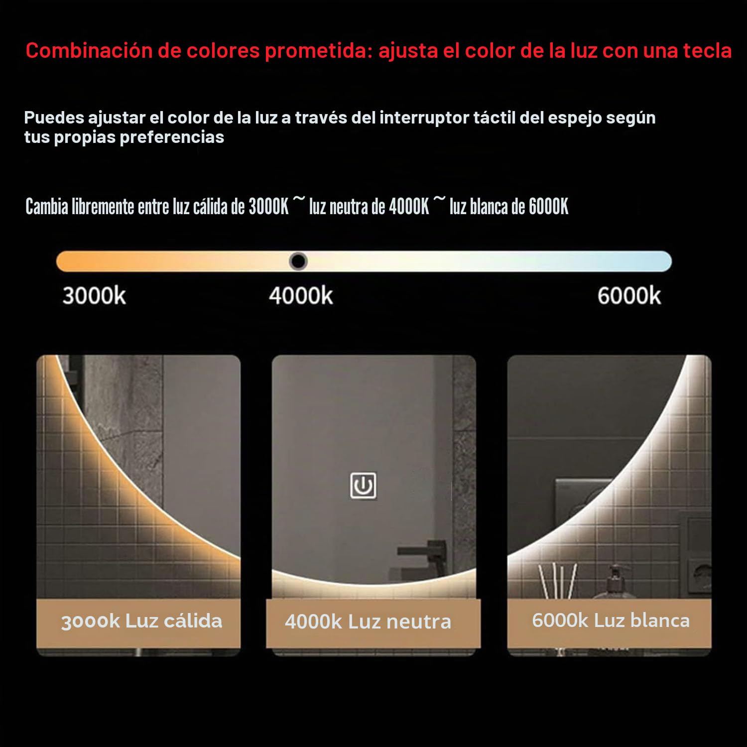 Espejo de Baño Ovalado con Luz LED Regulable (3000-6000K) - Retroiluminación y Luz Frontal, Resistente al Agua, Ideal para Maquillaje, Color Dorado