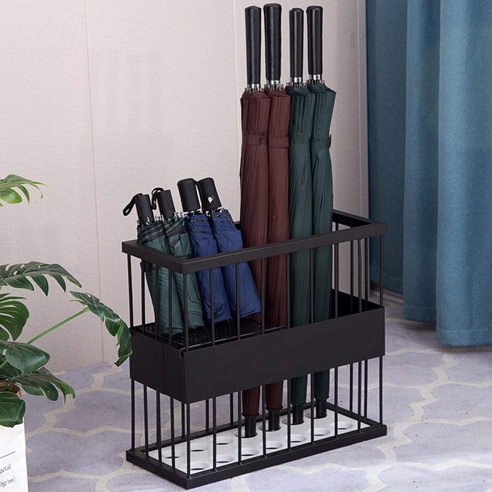 Porte-parapluie rectangulaire noir en métal L avec bac à eau amovible