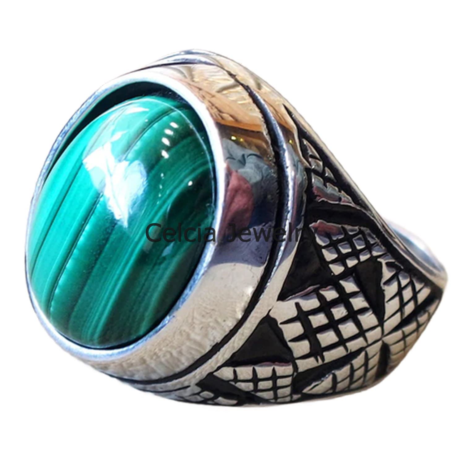Anillo ovalado de cabujón de piedra preciosa genuina de malaquita, anillo de declaración, anillo de sello clásico, anillo impresionante, anillo diario, anillo oxidado de plata