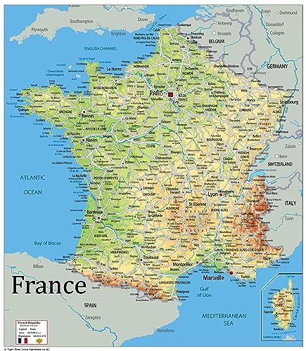 Mapa físico de Francia - Colección Oxford - Tamaño 59,4 x 51,6 cm - Papel laminado