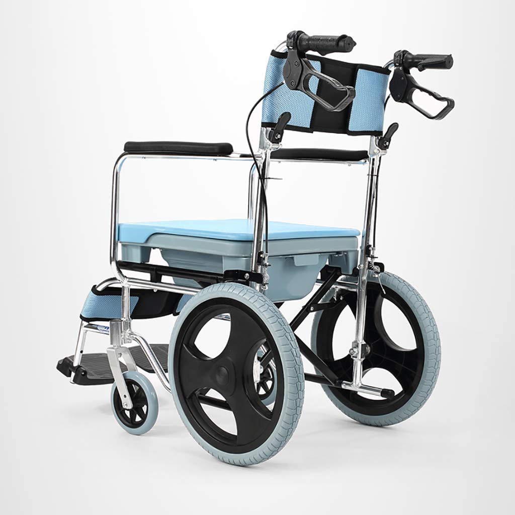 Sillas de Ruedas Autopropulsadas Plegables Ligeras con Inodoro, Baño Robusto Plegable Mde Aluminio Acolchado Asiento Respcon Frenos de Mano/Blue