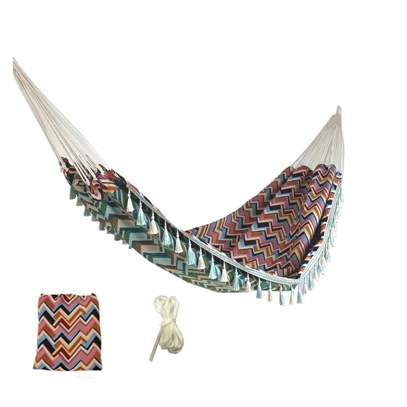 Double Canvas Swing Outdoor Indoor Suspension Chair Tassel Jacquard Retro Geometry Canvas Hammoc(701 hammock rope)