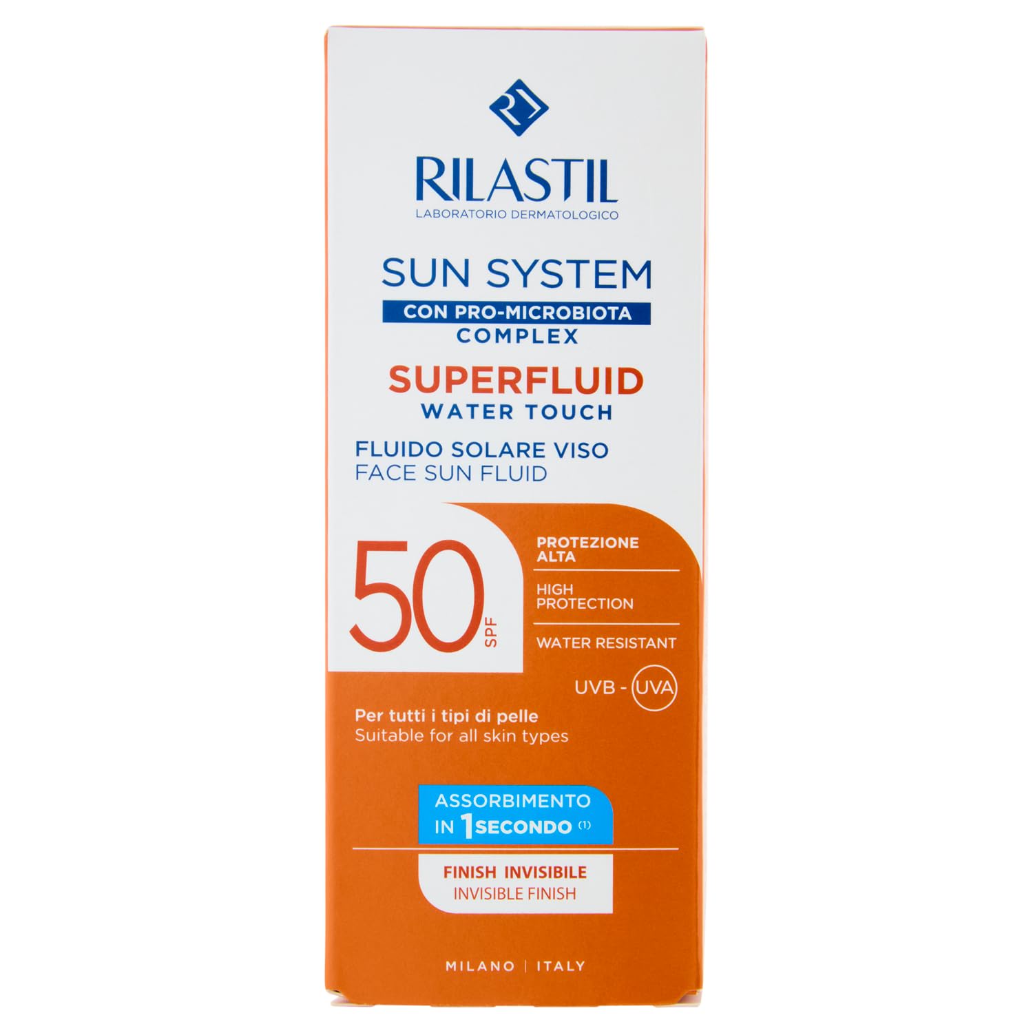 Rilastil Sun System Water Touch Superfluid SPF50, Fluido Solare Viso Idratante e Antiossidante Water Resistant ad Assorbimento Immediato, 50ml