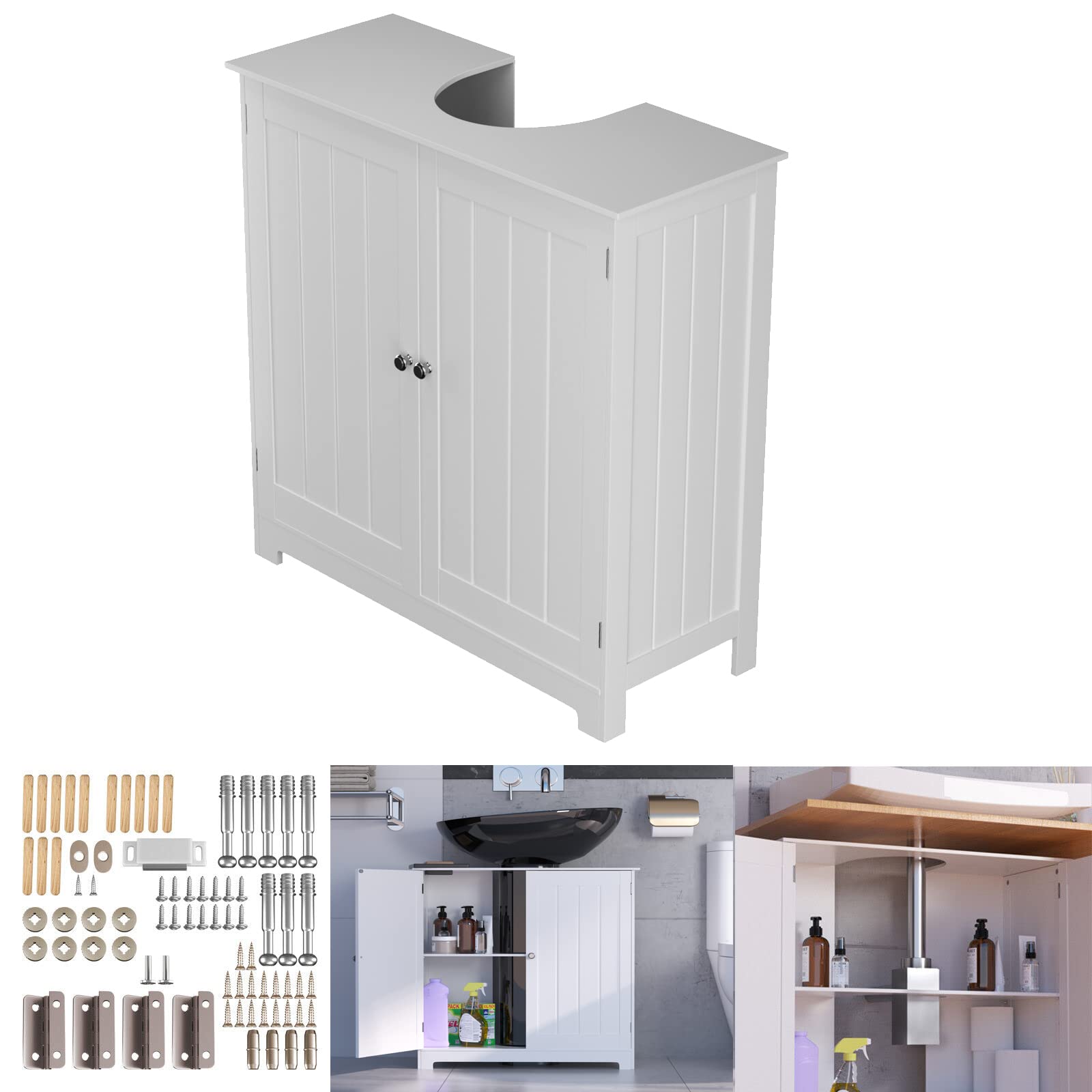 Rigogo Under Sink Bathroom Cabinet with 2 Doors, Free Standing Wooden Sink Storage Unit, Basin Cupboard With Shelf, 60 x 60 x 30 cm