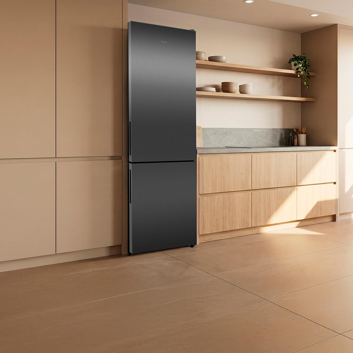 Cecotec Réfrigérateur Combiné Bolero CoolMarket Combi 356i Dark E. 200 cm de hauteur, 59,5 cm de largeur, Classe E, Technologie Multi Airflow, FreshnessFlex et HumidityFlex HUB, Dark Inox.