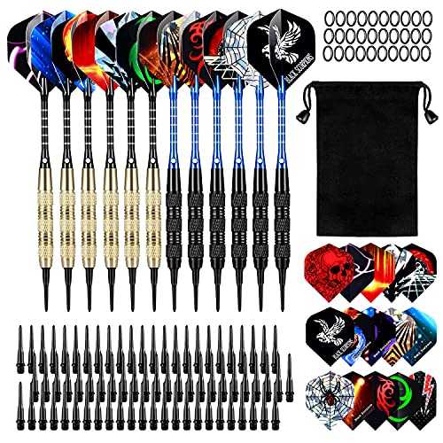 TT Toulavie Soft Tip Darts, 12 Pcs Darts Plastic Tip 18 Gram Dart Set with 2 Colors Aluminum Shafts, 45 Dart Flights 200 Extra Dart Tips, Rubber Rings and 1 Storage Bag for Electronic Dart Board