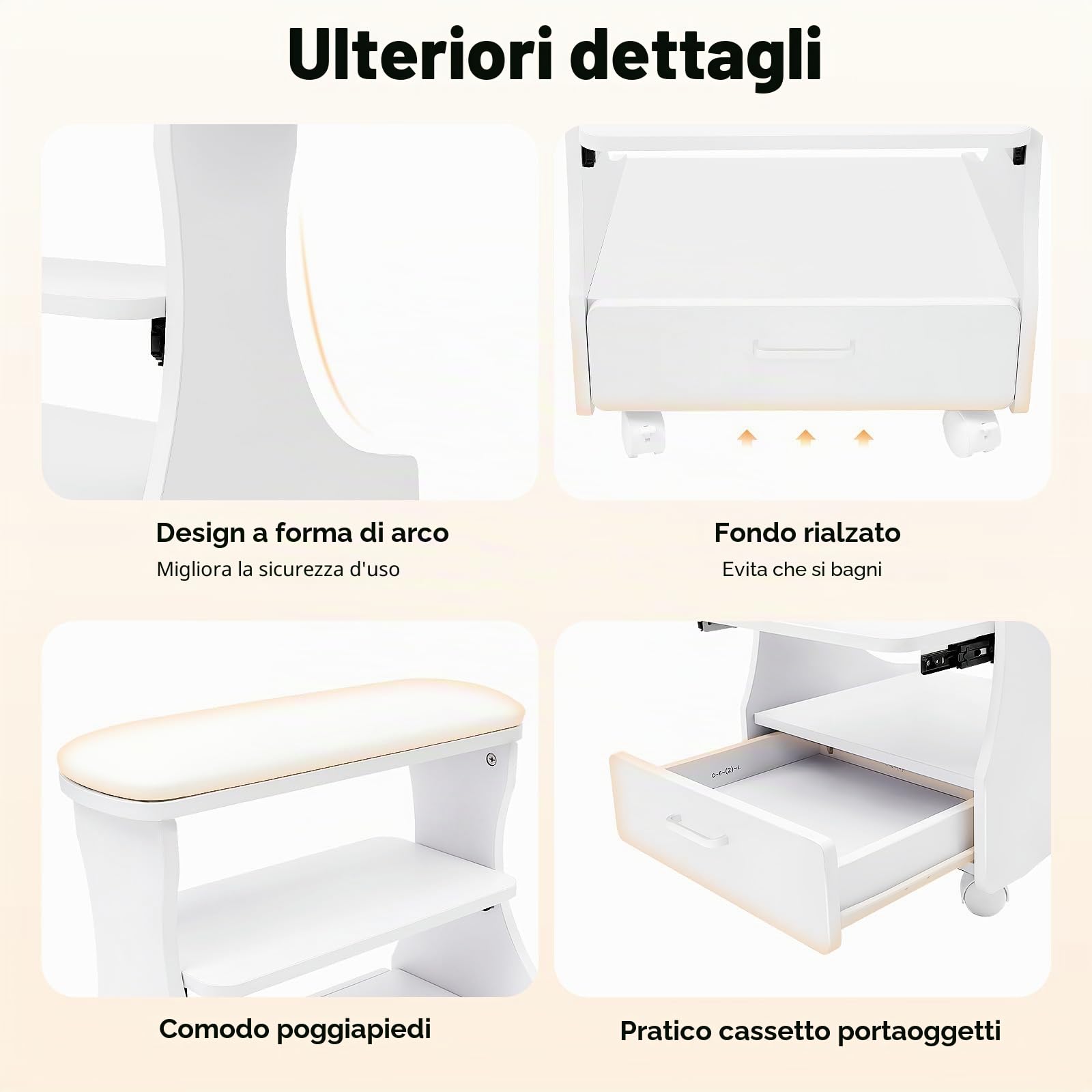 Sgabello da bagno con piedini, poggiapiedi per pedicure, carrello per manicure, sgabello da bagno piedi con ruote freno, cassetto, vassoio per appoggio, carico 20 kg, MDF, casa Spa soggiorno Institute