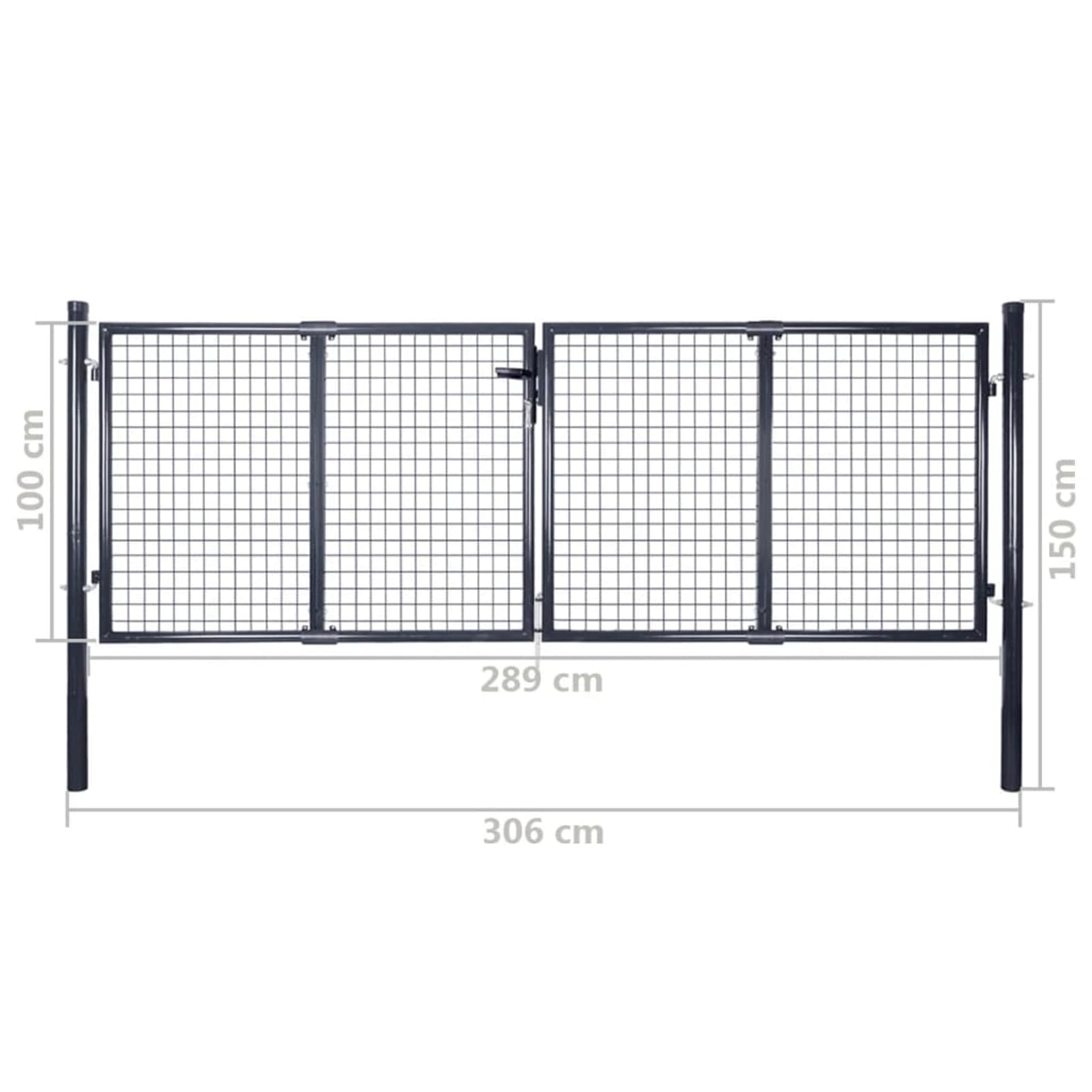 Puerta de jardín de malla doble con 3 llaves, 289 x 100 cm, acero galvanizado, color gris