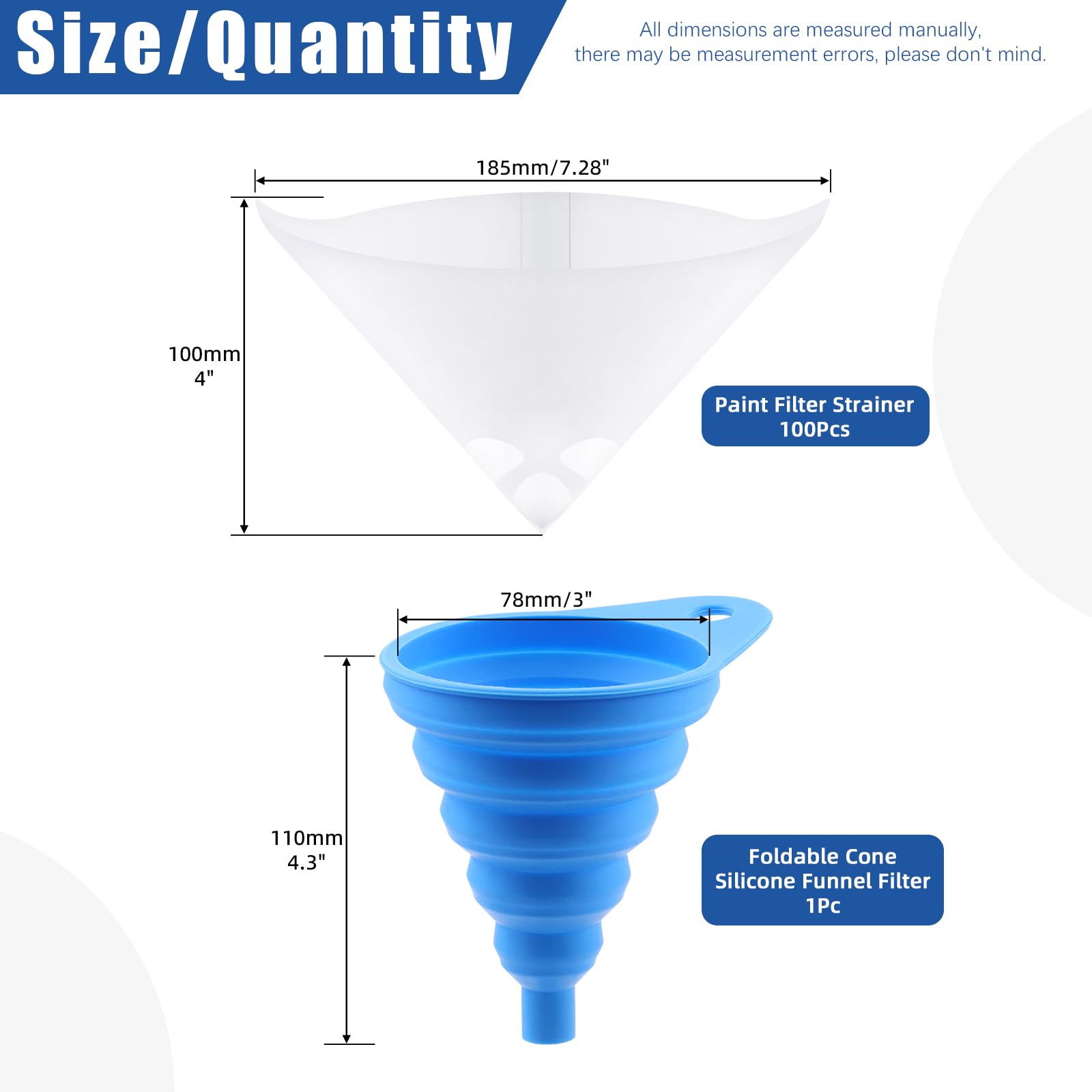 Glarks 101 Pack 100 Micron Paint Strainers Cone Paint Filter with Blue Silicone Funnel, Premium Disposable Filter Tip Cone Shaped Nylon Mesh Funnel for Automotive, Spray Guns, House