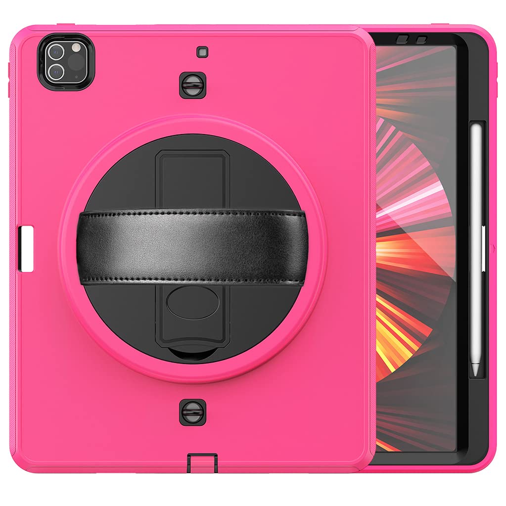 Case for iPad Pro 12.9 6th/5th/4th Generation (2022/2021/2020) Military Shockproof Case with Pen Holder 360° Rotating Stand and Shoulder Strap, Black + Pink