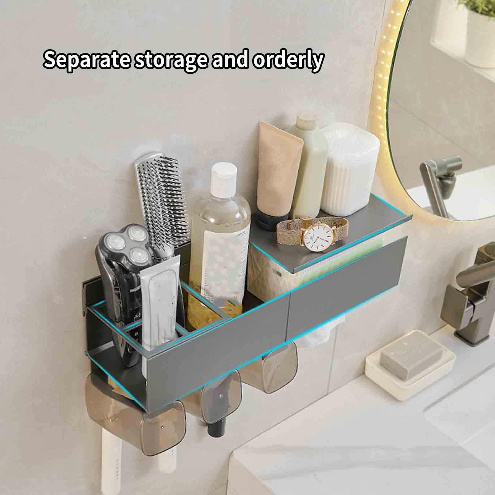 Dispensador Pasta Dientes Organizador Baño Porta Cepillo De Dientes Viaje Portacepillos De Dientes Pared Toothbrush Holder Adhesivo Aluminio Baño A Prueba De Agua (33.5x12x10cm,Grey)