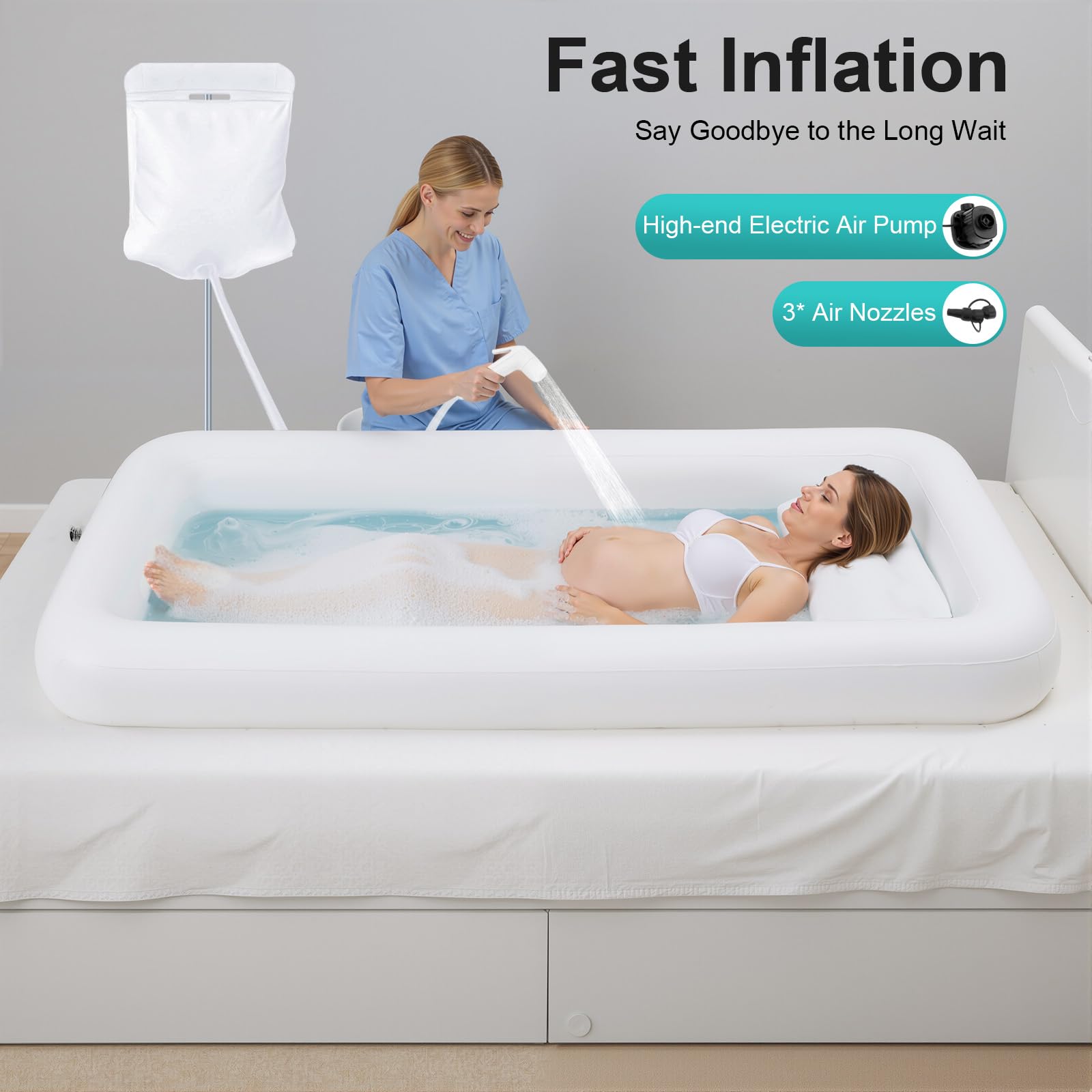 Vasca da bagno gonfiabile medica con pompa ad aria, pompa ad aria elettrica per adulti vasca da bagno in PVC, lato letto doccia kit da bagno per uso a casa o in ospedali