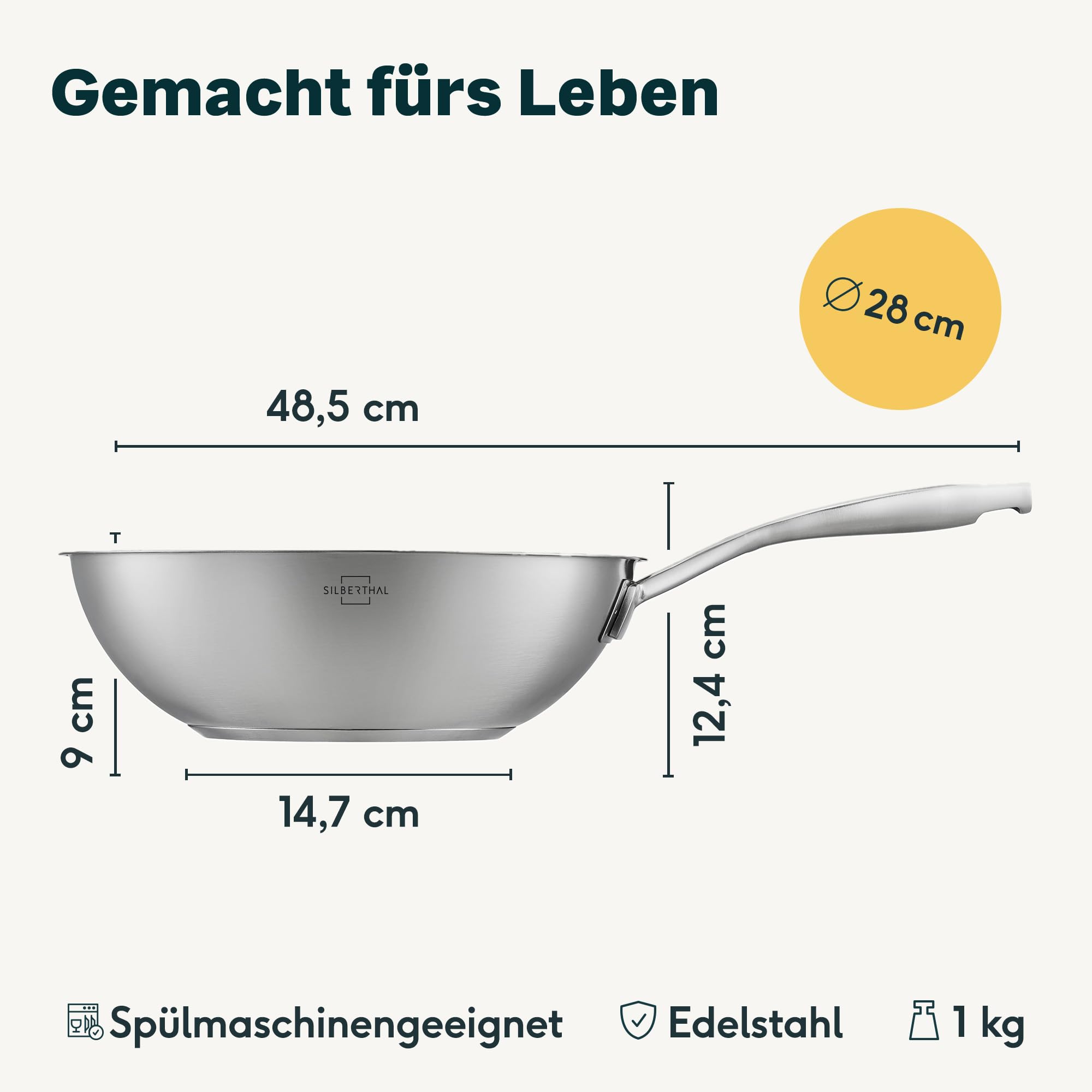 SILBERTHAL Wokpfanne Unbeschichtet Induktion 28 cm - Edelstahl Wok zum Frittieren und Braten- Für alle Herdarten - Backofenfest bis zu 400°C