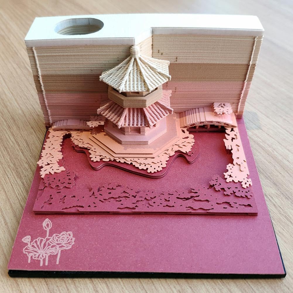 3D-Notizblock mit Licht, 3D-Papierschnitzerei, Gartenpavillon, geschnitzter Notizblock mit Lichtern, Büro-Schreibtisch-Ornament, zum Abreißen, Papierbasteln, Gartenpavillon, für Zuhause, Büro,
