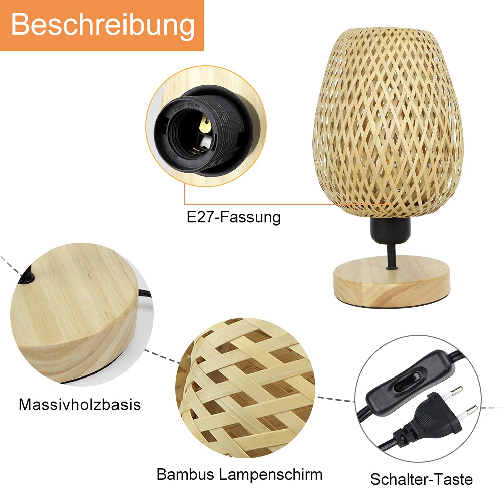 Depuley Modern LED Tischlampe Rattan aus Bambus und Holz, Dekorative Nature Tischleuchte mit E27-Fassung max. 60 Watt, Nachtlicht Leselampe für Schalfzimmer Kinderzimmer, Glühbirne enthalten