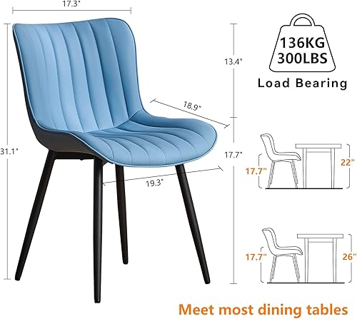 Miniatura 2 de YOUNUOKE Juego de 2 Sillas de Comedor Modernas de Mediados de Siglo, Sillas de Cocina Tapizadas en Cuero PU Azul con Patas de Metal Negro, Silla de