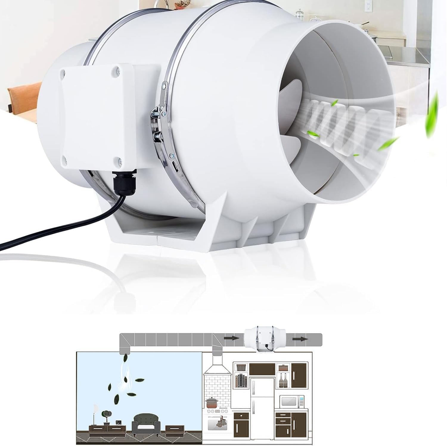 6 Inch Duct Fan, Low Noise Exhaust Fan, High Efficiency Inline Fan, Exhaust Air Fan for Indoor Exhaust, Camping Tent, Grow Shop