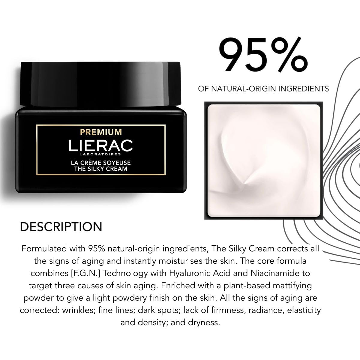 Lierac - Premium - Wkład z jedwabistym kremem 50ml - Pielęgnacja twarzy - Ogólny przeciwstarzeniowy - Połysk - 95% składników pochodzenia naturalnego - Skóra normalna - Skóra mieszana