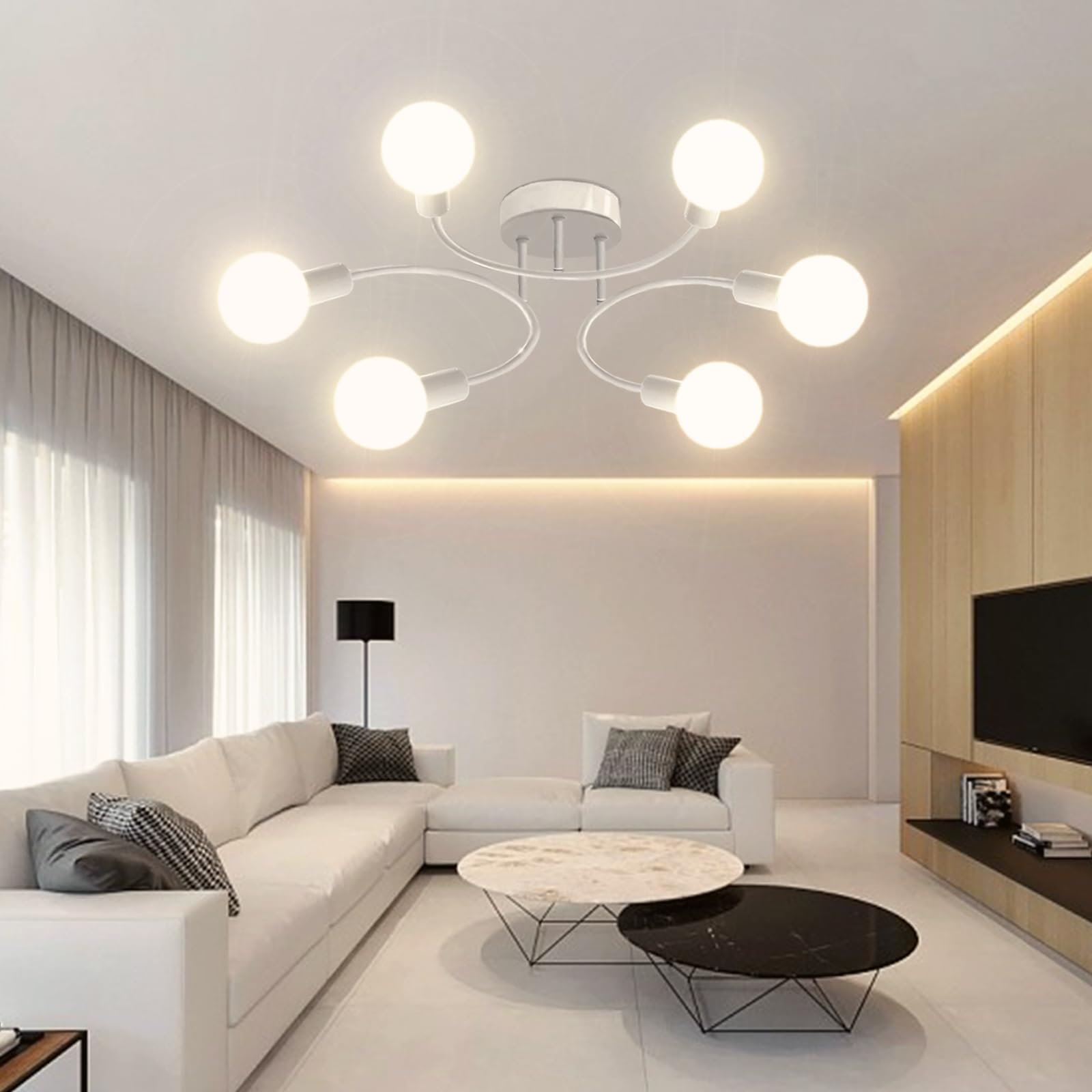 Lampadario Soggiorno Industriale,6 Luci Plafoniera Soffitto Vintage E27,Lampada da Soffitto Bianco, Plafoniera Sputnik per Camera da Letto, Soggiorno, Cucina.Diametro 70CM(Senza Lampadina)