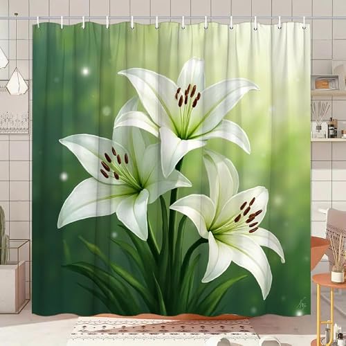 GLWDMB 1 Piece 180x220CM White Lily Printed Shower Curtain With Hook, Polyester, for Windows And Walls, Bathtub, Bathroom, Machine Washable, All Season Universal