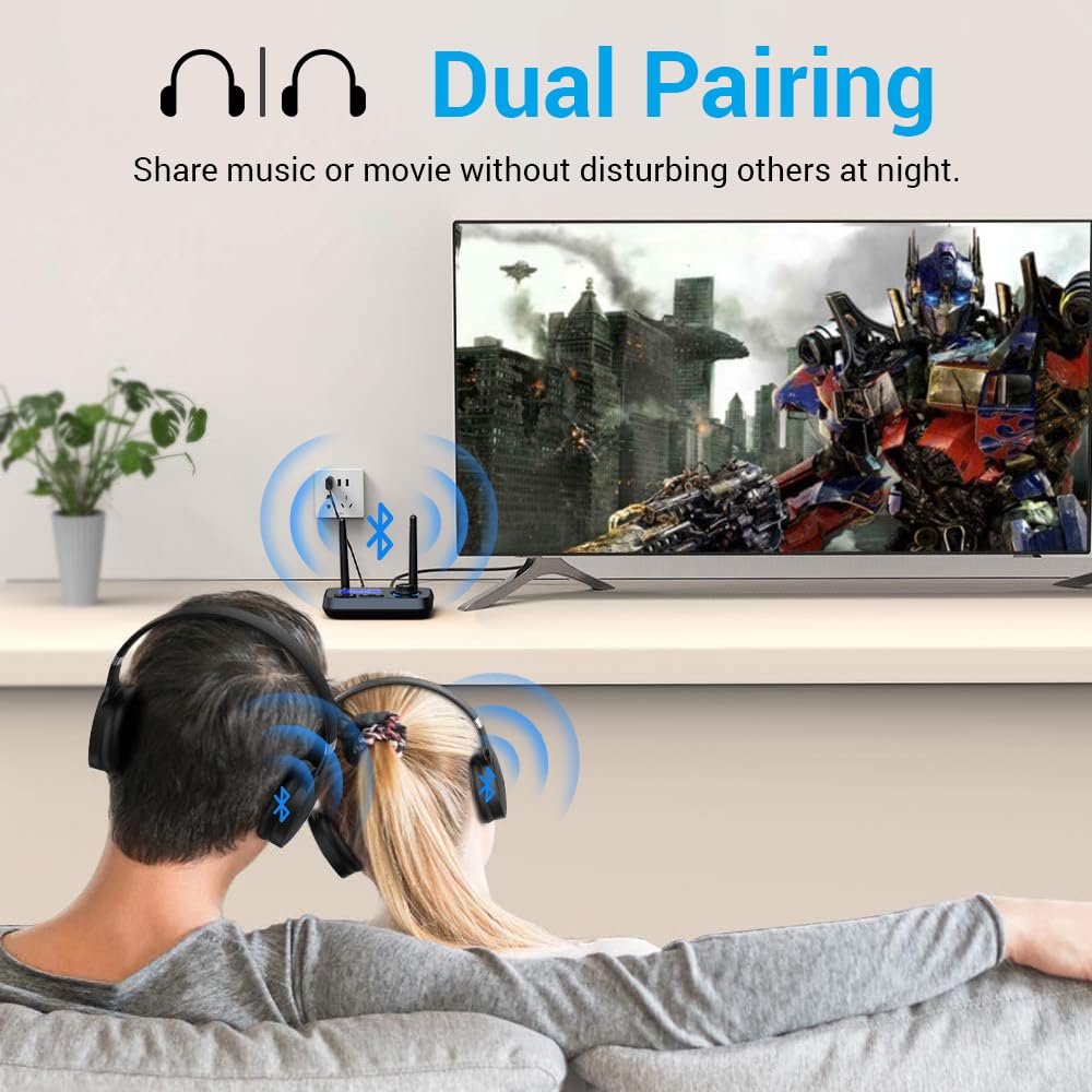 Ainostone 3-in-1 Trasmettitore Ricevitore Bluetooth per 2 Cuffie Adattatore Audio Bluetooth con Cavi Bypass Aux/Ottico/RCA ON/off Automatico LCD Display Controllo Volume per TV Stereo Casa PC